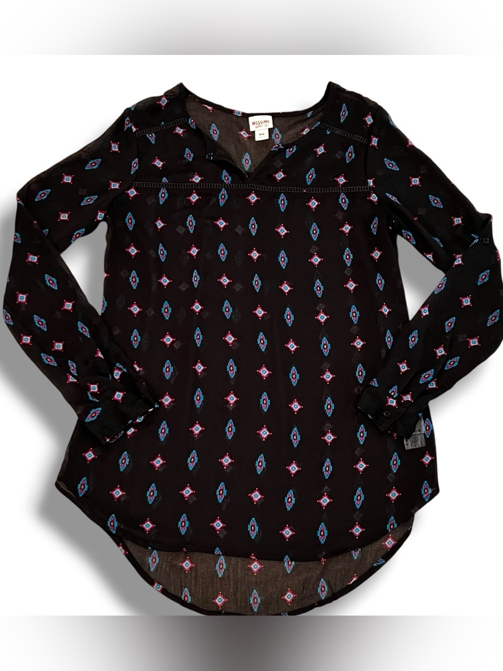 Mossimo Supply Blouse Top Long Roll-tab Sleeve Sz M Black Thin Sheer Southwest